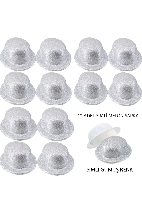 Gümüş Renk Simli Melon Yulak Parti Şapkası 12 Adet