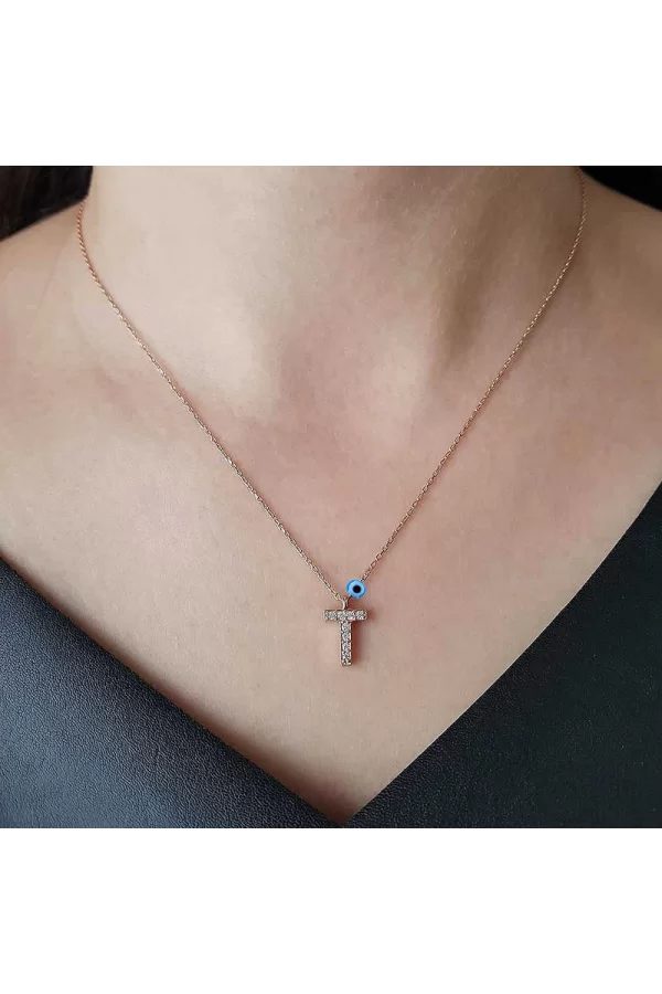 Luz&Pos Gümüş Rose 3 Boyutlu Nazarlı Harf Bayan Kolye