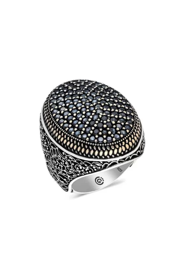 Luz&Pos Gümüş Siyah Zirkon Taşlı Oval Erkek Yüzük