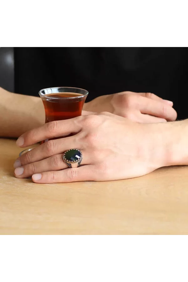 Luz&Pos Gümüş Yeşil Zirkon Taşlı Erkek Yüzük