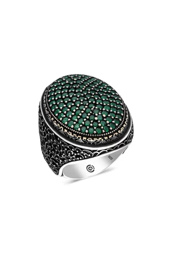 Luz&Pos Gümüş Yeşil Zirkon Taşlı Oval Erkek Yüzük