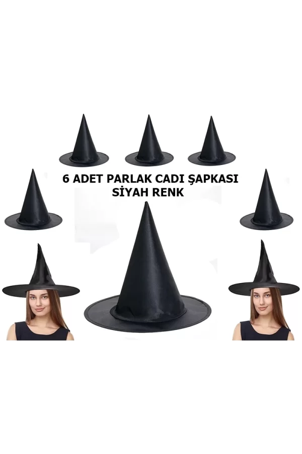 Halloween Siyah Renk Parlak Dralon Cadı Şapkası Yetişkin Ve Çocuk Uyumlu 6 Adet