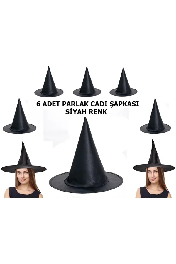 Halloween Siyah Renk Parlak Dralon Cadı Şapkası Yetişkin Ve Çocuk Uyumlu 6 Adet