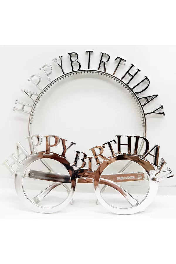 Happy Birthday Taç ve Gözlük Seti Gümüş Renk