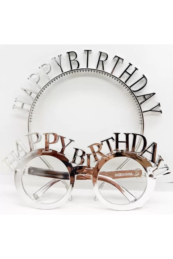 Happy Birthday Yazılı Taç Ve Happy Birthday Yazılı Gözlük Seti Gümüş Renk