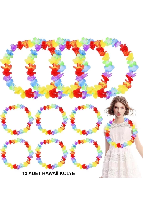 Hawaii Çiçekli Boyun Kolyesi - Renkli Tropikal Parti Leisi 12 Adet