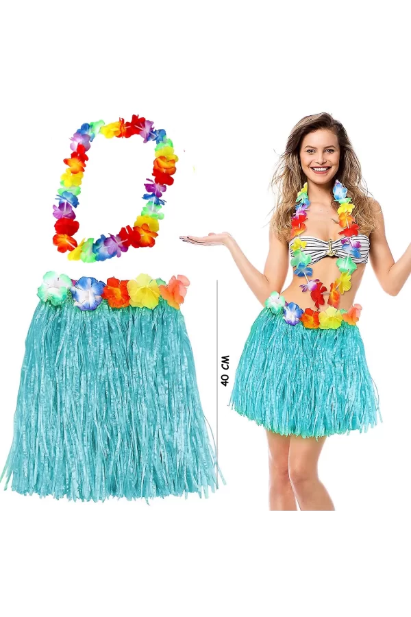 Hawaii Luau Aloha Mavi Püsküllü 40 Cm Etek Ve Hawaii Kolye Seti