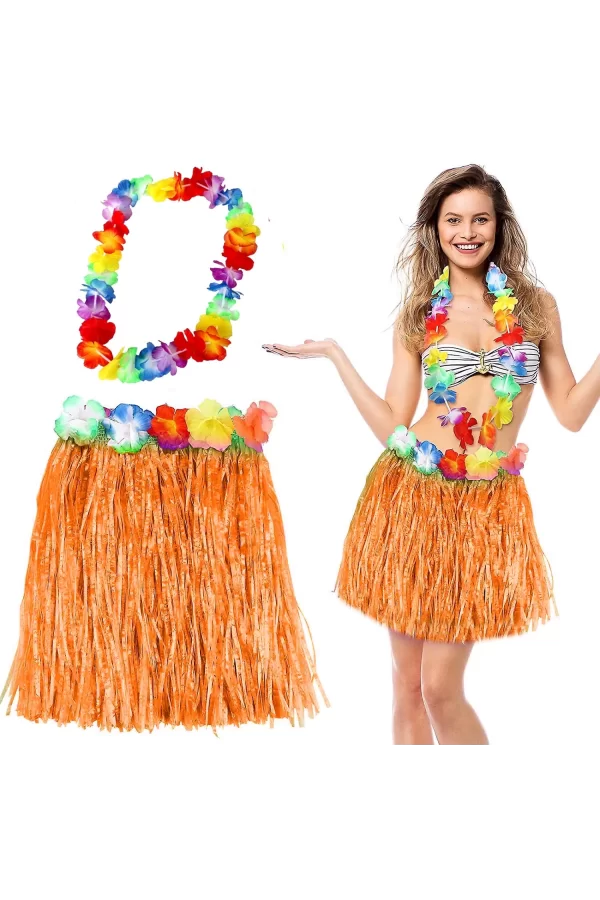 Hawaii Luau Aloha Turuncu Püsküllü 40 Cm Etek Ve Hawaii Kolye Seti