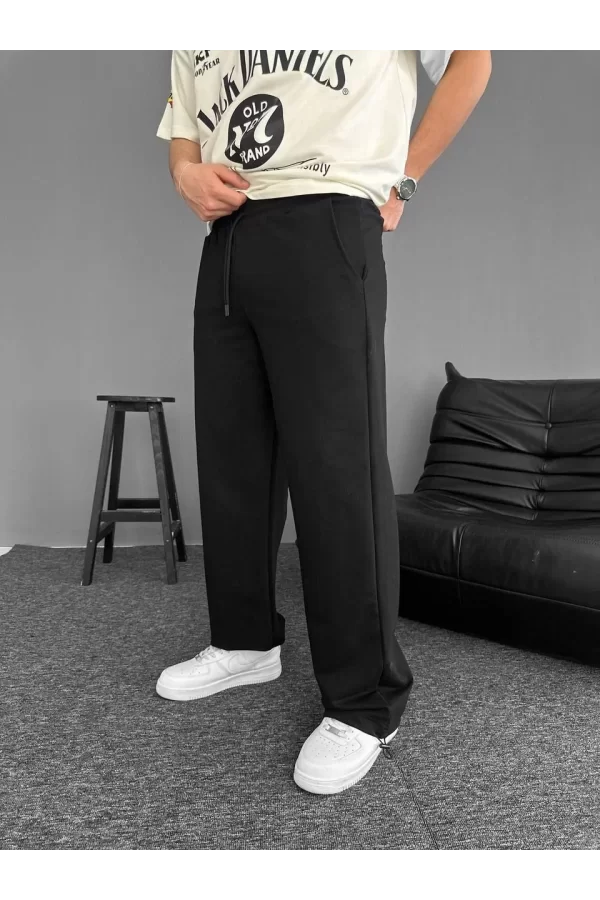 Luz&Pos İki İplik Kumaş Beli Lastikli Boru Paça Baggy Alt Esofman - Siyah