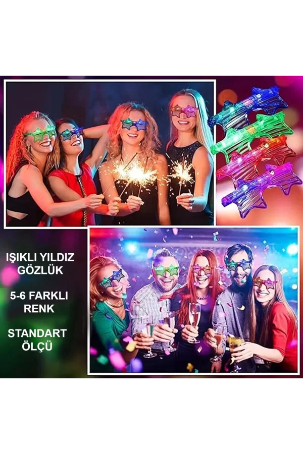 Işıklı Yıldız Gözlük Ledli Parti Gözlüğü 6 Renk 12 Adet