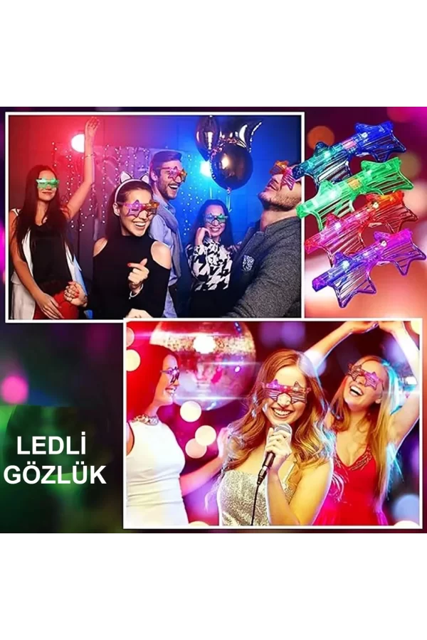 Işıklı Yıldız Gözlük Ledli Parti Gözlüğü 6 Renk 12 Adet