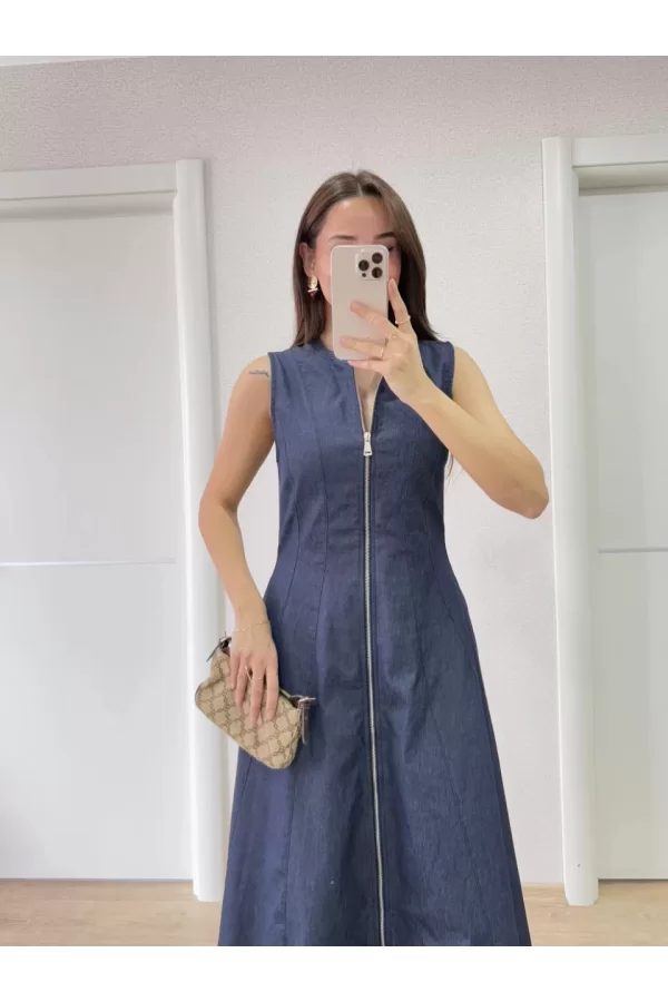 Luz&Pos Jeans Kot Önü Tam Fermuarlı Kadın Uzun Elbise - Mavi