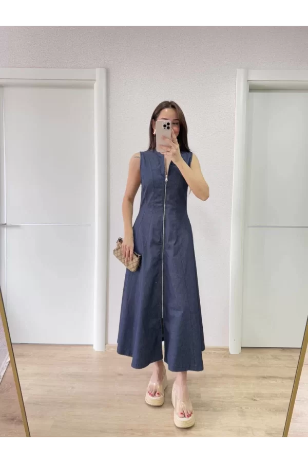 Luz&Pos Jeans Kot Önü Tam Fermuarlı Kadın Uzun Elbise - Mavi