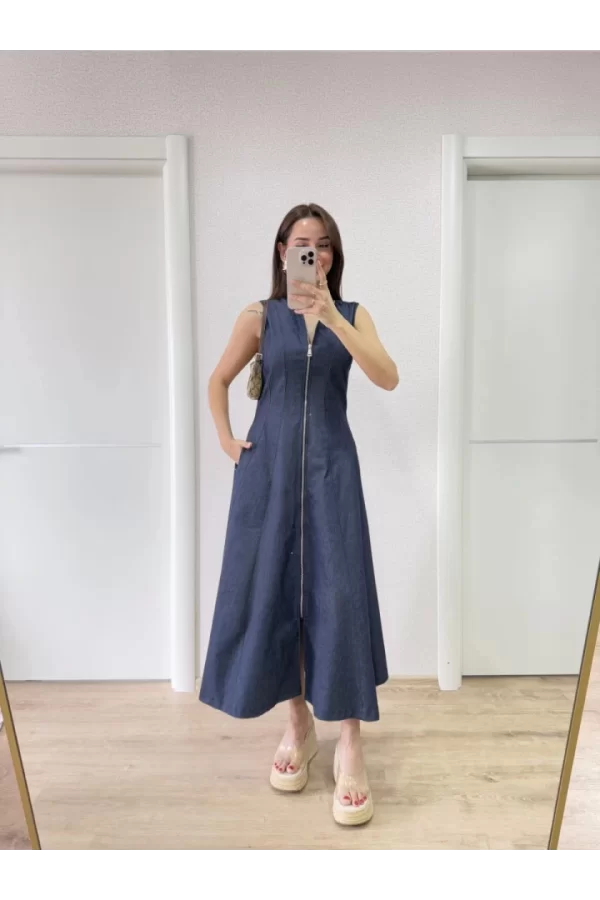 Jeans Kot Önü Tam Fermuarlı Uzun Elbise - Mavi