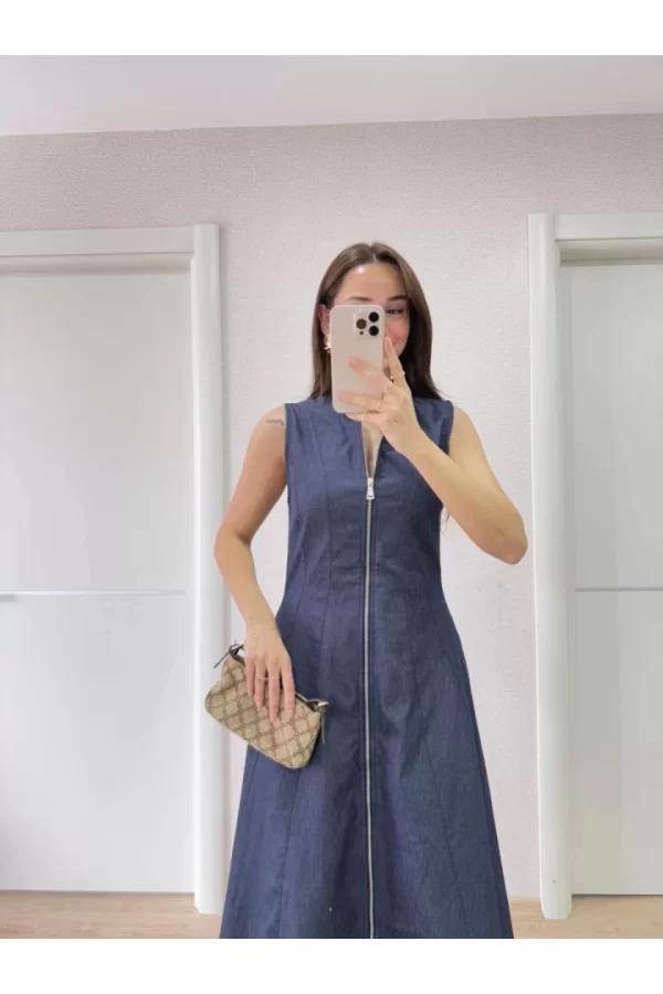 Jeans Kot Önü Tam Fermuarlı Uzun Elbise - Mavi