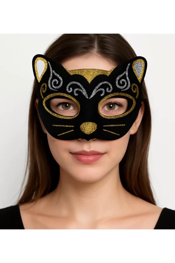Kadife Dokulu Simli Kedi Maskesi Altın Gümüş Detaylı