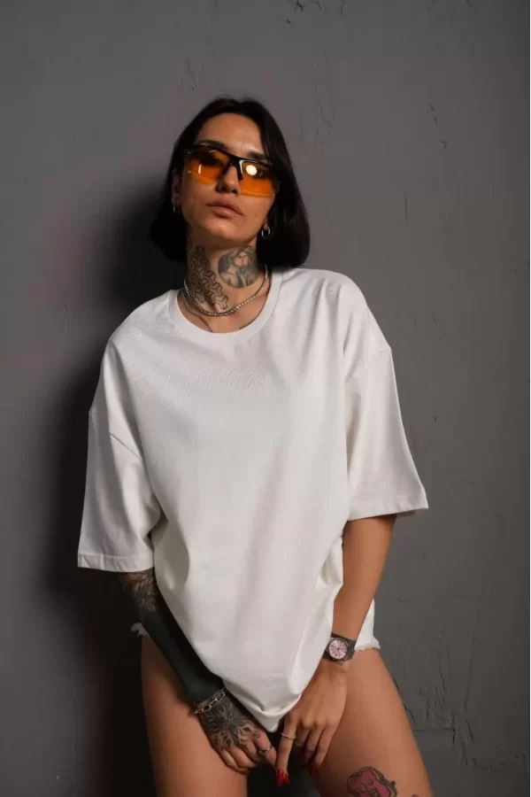 Luz&Pos Kadın 24/1 Düz A Kalite Oversize T-shirt - Beyaz