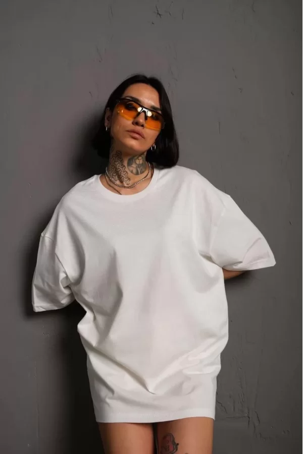Luz&Pos Kadın 24/1 Düz A Kalite Oversize T-shirt - Beyaz