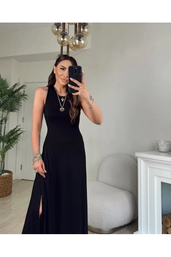 Kadın Arkadan çapraz Detay Yuvarlak Yaka Maksi Viskon Elbise