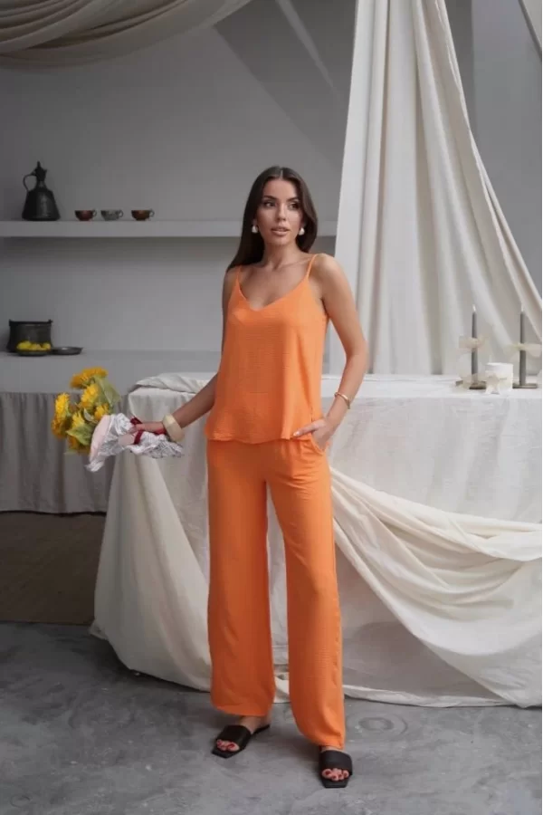 Kadın Askılı Bluz Ve Bol Paça Pantolon Ikili Takım