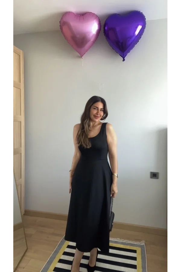 Kadın Askılı Kare Yaka Yırtmaçlı Midi Janjan Krep Elbise