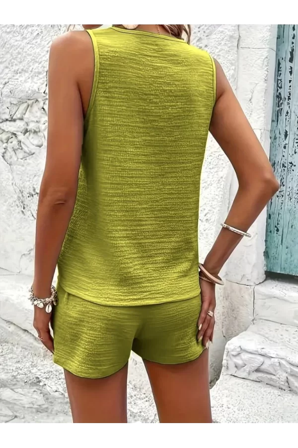 Kadın Askılı Kolsuz V Yakalı önden Düğmeli Bürümcük Bluz Ve Short Ikili Takım