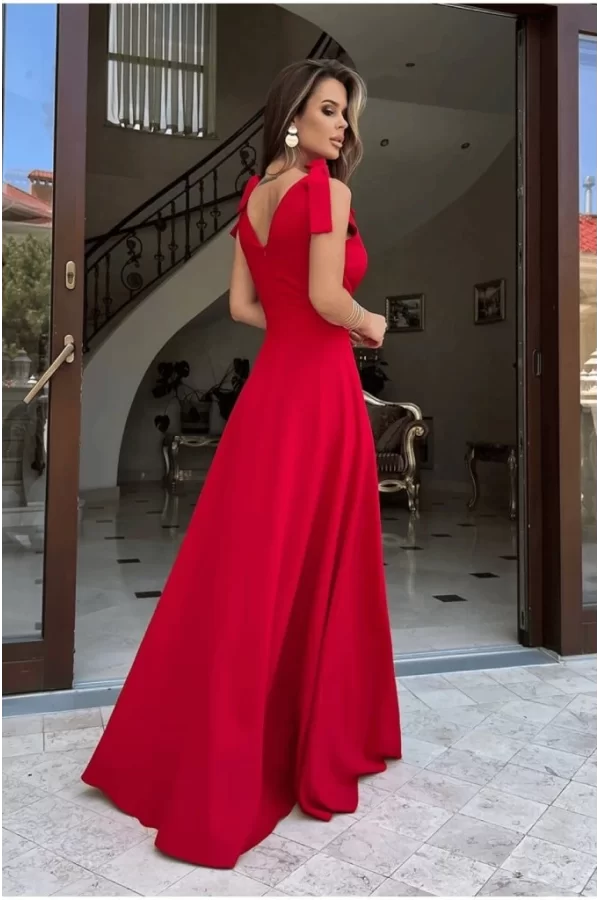 Kadın Askılı Omuzdan Bağlamalı Kruvaze Yakalı Uzun Yırtmaçlı Janjan Krep Elbise