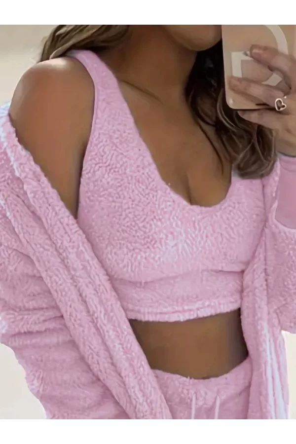 Kadın Askılı Peluş Bluz,şort Ve Ceket üçlü Takım