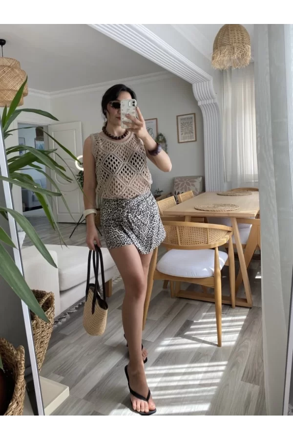 Kadın Askılı Yuvarlak Yaka Geometrik Desenli Triko Bluz