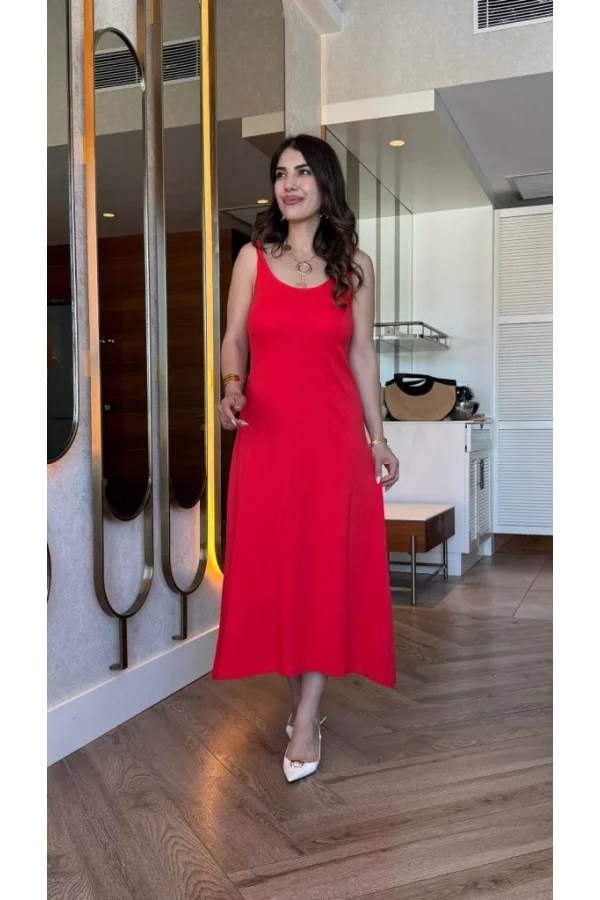 Kadın Askılı Yuvarlak Yakalı Viskon Elbise