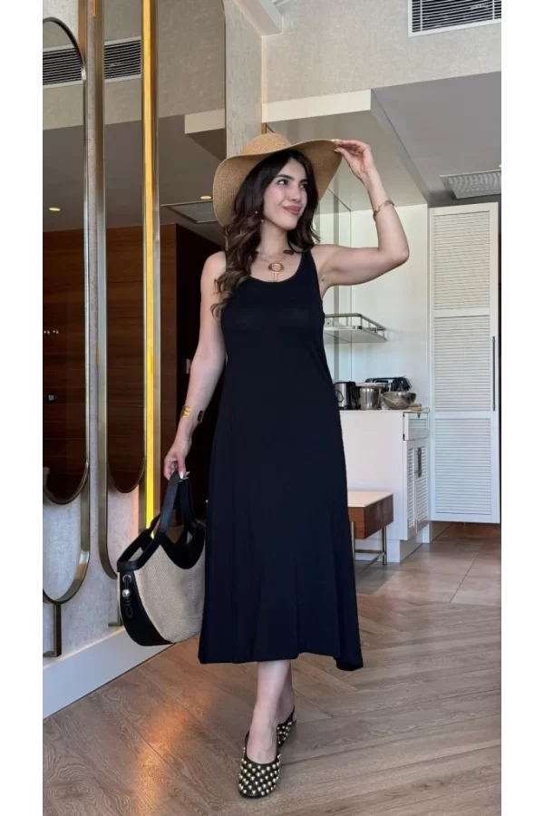 Kadın Askılı Yuvarlak Yakalı Viskon Elbise