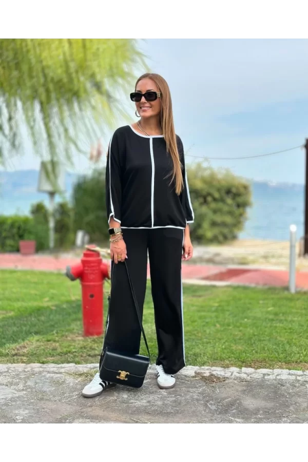 Kadın Bisiklet Yaka Truvakar Kol Biye Detay Bluz Ve Yüksek Bel Lastikli Pantolon Ikili Takım