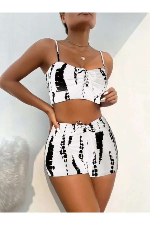 Kadın Büzgü Detay Askılı Crop Mini Tayt Ikili Takım