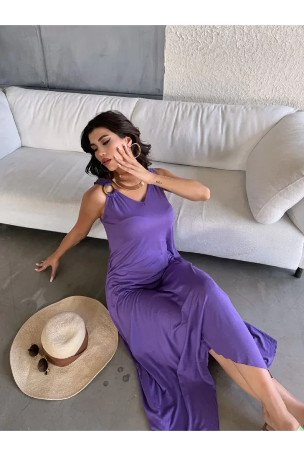 Kadın çan Dokuma Kumaş V Yaka Asimetrik Kesim Elbise
