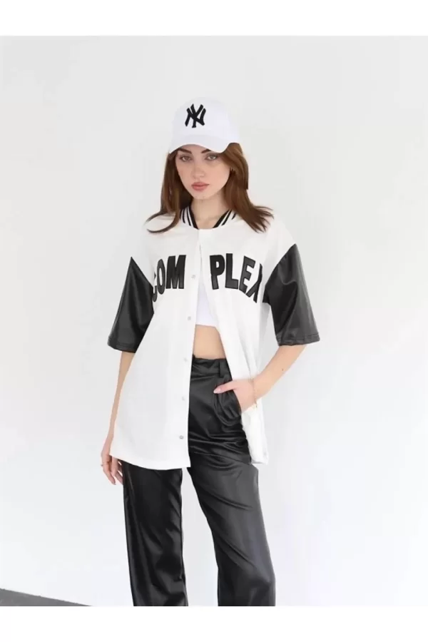 Luz&Pos Kadın Complex Kolları Deri Kolej Oversize T-shirt - Beyaz
