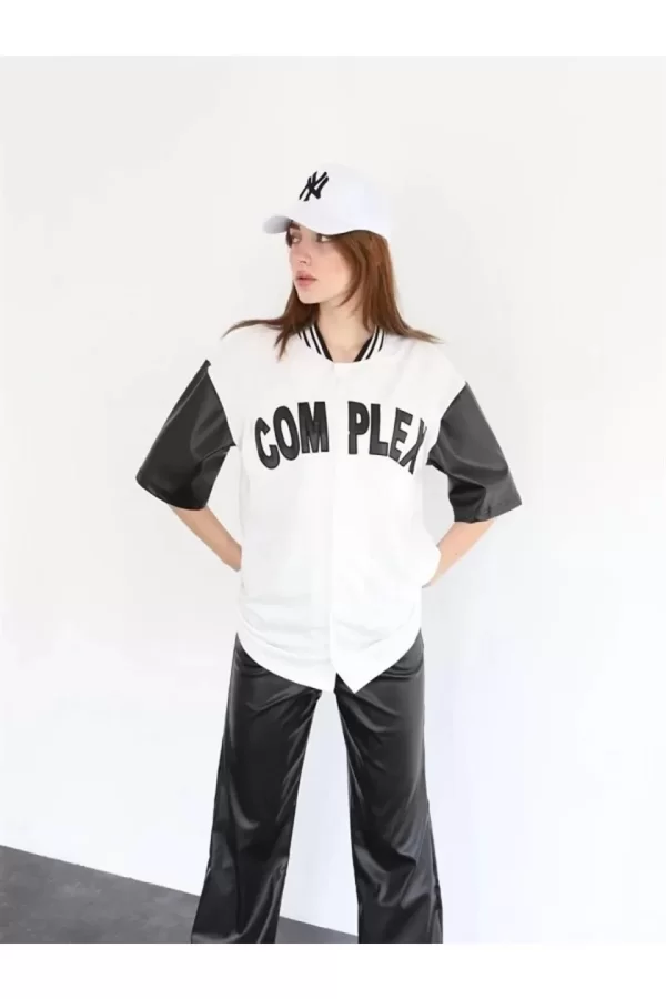 Luz&Pos Kadın Complex Kolları Deri Kolej Oversize T-shirt - Beyaz