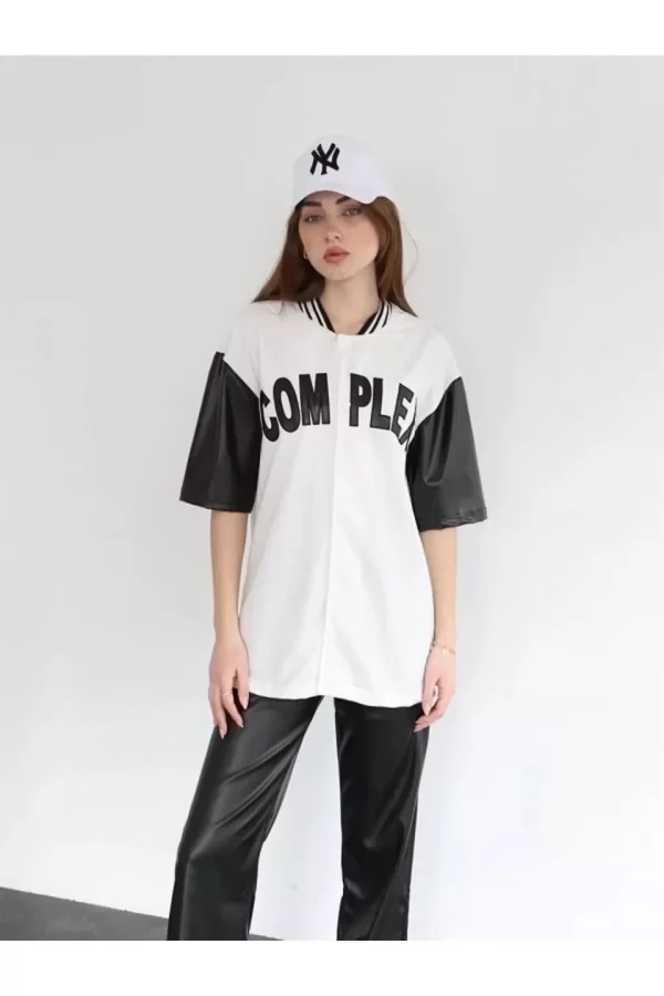 Luz&Pos Kadın Complex Kolları Deri Kolej Oversize T-shirt - Beyaz