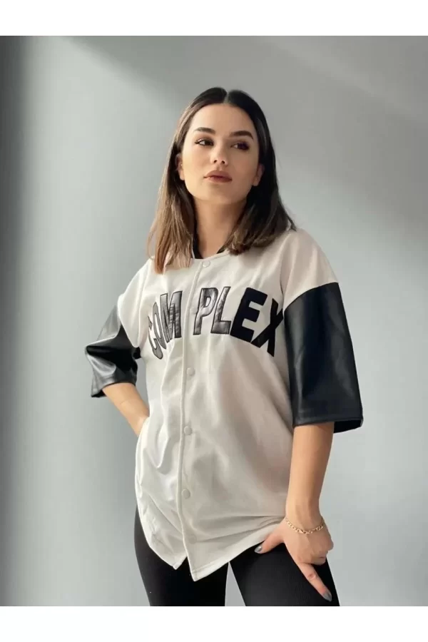 Luz&Pos Kadın Complex Kolları Deri Kolej Oversize T-shirt - Beyaz