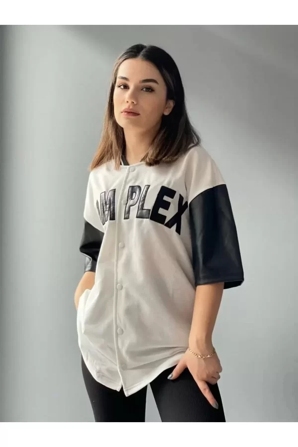 Luz&Pos Kadın Complex Kolları Deri Kolej Oversize T-shirt - Beyaz