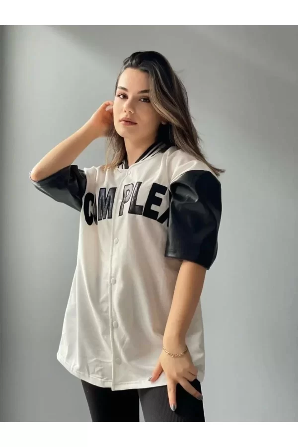 Luz&Pos Kadın Complex Kolları Deri Kolej Oversize T-shirt - Beyaz