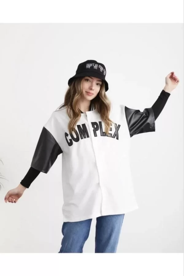 Luz&Pos Kadın Complex Kolları Deri Kolej Oversize T-shirt - Beyaz