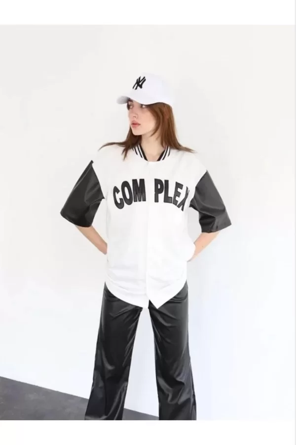 Luz&Pos Kadın Complex Kolları Deri Kolej Oversize T-shirt - Beyaz