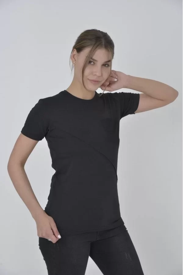 Luz&Pos Kadın File Cepli Slim Fit T-shirt - Siyah