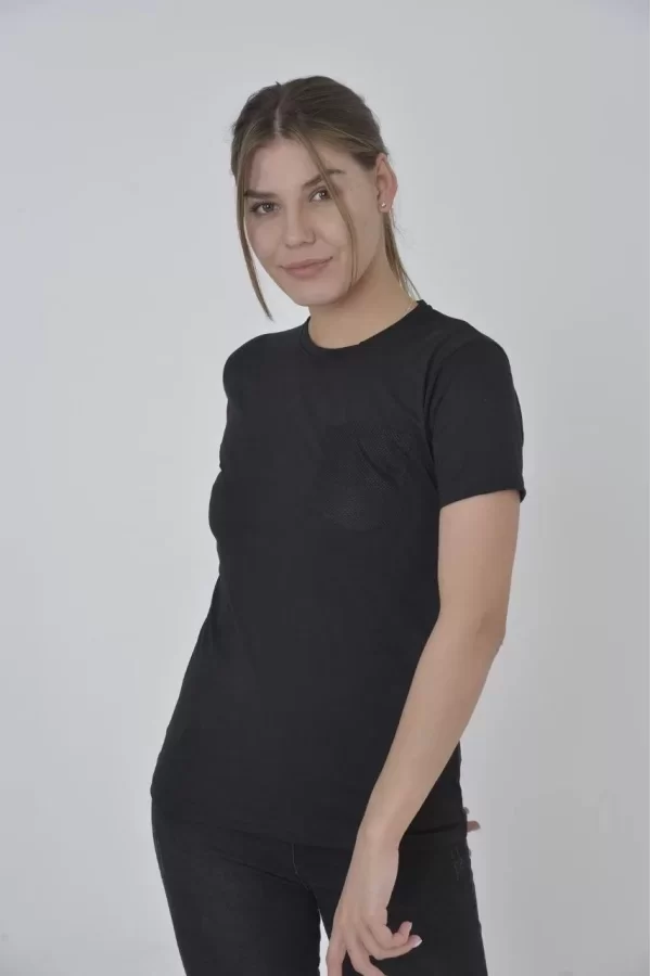 Luz&Pos Kadın File Cepli Slim Fit T-shirt - Siyah