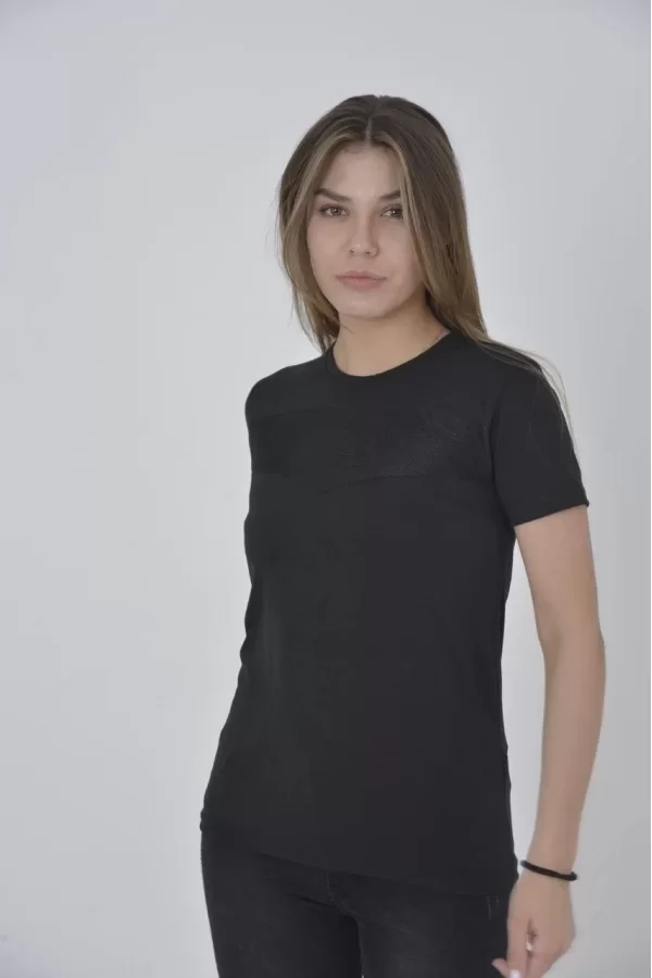 Luz&Pos Kadın Gögüs Fileli Slim Fit T-shirt - Siyah