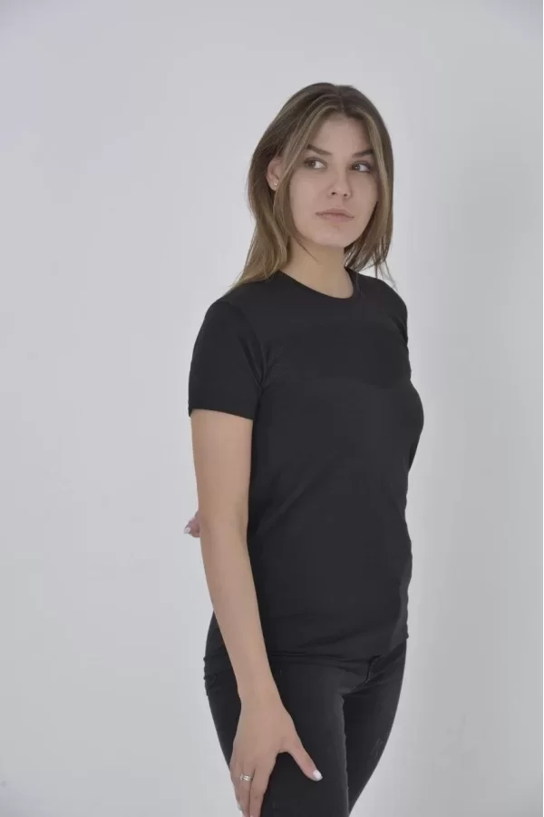 Luz&Pos Kadın Gögüs Fileli Slim Fit T-shirt - Siyah