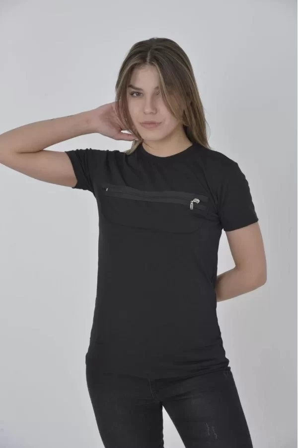 Luz&Pos Kadın Göğüste Fermuar Aksesuarlı Dar Kalıp T-shirt - Siyah