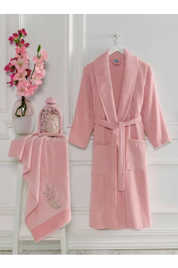 Kadın Havlulu Banyo Bornoz Takımı &#37;100 Pamuklu Pembe