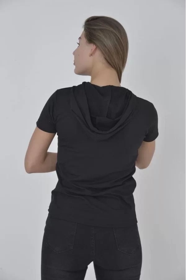 Luz&Pos Kadın Kapşonlu Slim Fit T-shirt - Siyah