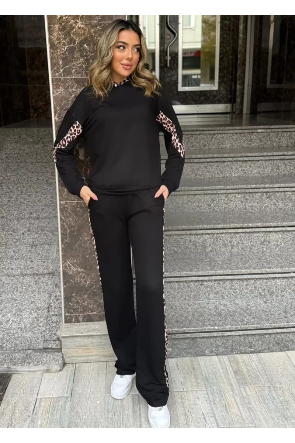 Kadın Kapüşonlu Leopar Detay Sweat Ve Yüksek Bel Yanları Leopar şeritli Bol Paça Pantolon Ikili Takım